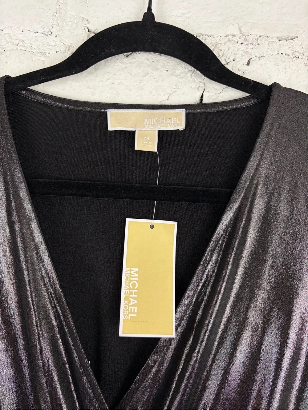 Michael Kors Pewter Grey Black Metallic Stretch Wrap Long Sleeve Dress Medium